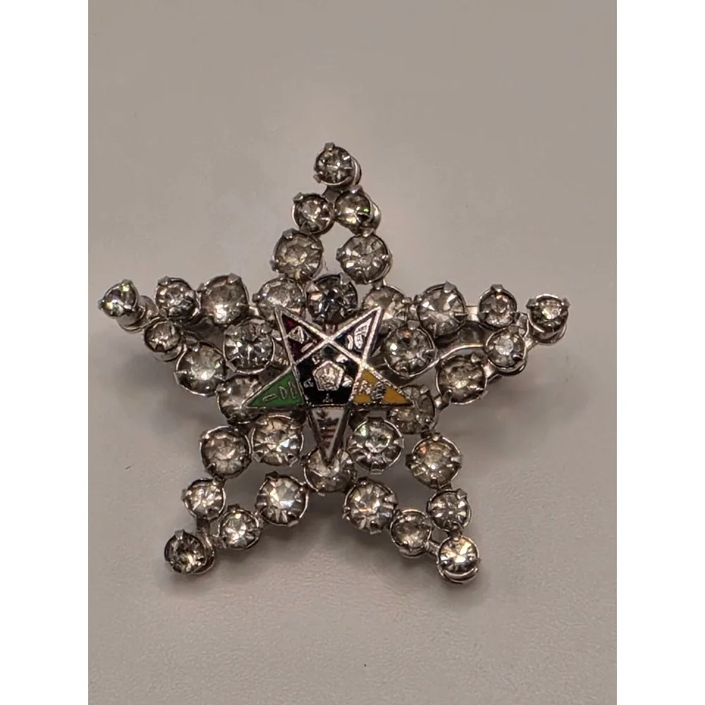 Vintage Order of the Eastern Star OES Rhinestone Star Brooch & Filigree Bracelet
